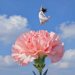 look up, giant carnation flower head, woman jumping, clouds in blue sky, surreal, impressionist painting, digital painting, artstation, rob gonsalves