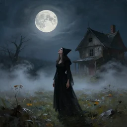 painting of a witch standing in the middle of a field looking up at the moon, with an old house behind her, lots of fog and smoke on the ground, beautiful moon light