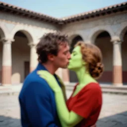 out of focus, blurry photography by saul leiter and ernst haas in a pompeii court, airforce blue, red, bright pale green, no people, a kiss in the foreground