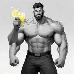 lemonade character as a jacked muscle builder gigachad, grayscale photography, digital art