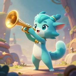 cyan cute spirit axie pet anxiously trumpets, battle warning, fantasy, style artstation, style greg rutkowsk, octane render, unreal engine 6, epic game graphics, fantasy, conceptual art, ray tracing