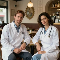 A beautiful aesthetic portrait of a male engineer and a female doctor sitting in a victorian style cafe in Miami, 8k,