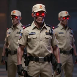 ( ( beige ) ) uniform and caps zombie security officers glowing red trending on artstation very high detail