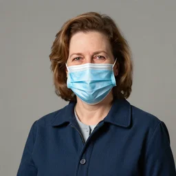 portrait of a woman! wearing a jacket!!! wearing a chirurgical blue!!! mask, happy, norman rockwell!