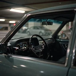 indistinct 1975 hatchback, inside of an badly lit 1970s parking garage, ektachrome photograph, volumetric lighting, f8 aperture, cinematic Eastman 5384 film