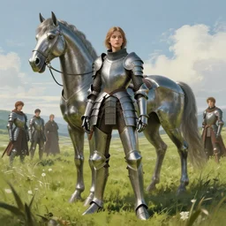 full body girl medieval armor ccyborg and one metal horse landscape of meadow poses by gaston bussiere, anna nikonova aka newmilky, greg rutkowski, yoji shinkawa, yoshitaka amano, moebius, donato giancola, geoffroy thoorens, trending on artstation, featured on pixiv, cinematic composition, 8 k