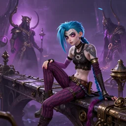 jinx from arcane sitting on a bridge seeing hallucinations of ragnarok, artstation, steampunk style