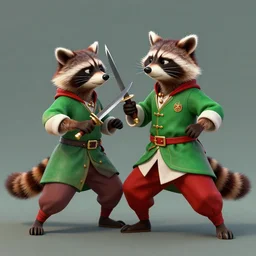digital art of a raccoon in a green rouge outfit duel wielding daggers