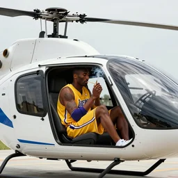Side shot of kobe bryant sitting in a helicopter and smoking a joint, 8k resolution, amazing detail, shot in the air