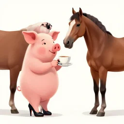 a pig wearing high heels whilst drinking tea with a horse, weird