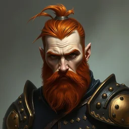 a red head bearded young fantasy dwarf warrior, black and bronze plate armor, minimalist portrait by alex horsey and daniel docciu and dave dorman and jeff easley