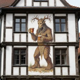 facade of white plaster medieval timber building with a painted mural of a treant holding mugs, fantasy matte painting, intricate elegant detailed digital painting concept art artstation sharp focus - t