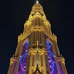 golden tower, ornate and intricate, by greg rutkowski, by anton fadeev, by rhads, 4 k, cyber punk style, glowing blue veins, purple glowing wires
