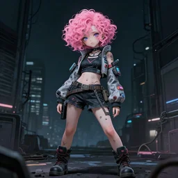 a long long long shot in wielding pose of a grungy cyberpunk anime, very cute, by super ss, cyberpunk fashion, curly pink hair, night sky by wlop, james jean, victo ngai, muted colors, highly detailed