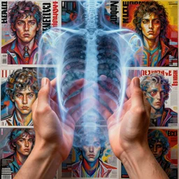 xray of couple hands holding, colourful vfx art, art by hsiao, ron cheng, james jean, presented as magazine collage style, volumetric light, colourful, sharp, detailed, digital painting, illustration, illustration, magazine collage, highly detailed, intricate detail, unreal engine, octae render