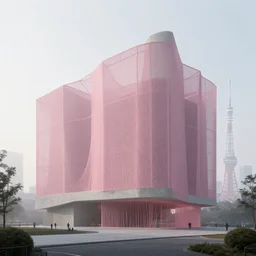 parametric architecture, museum, concrete, facede fabric and mesh in faded pink, morning fog, tokyo in the background, archviz, cgi, trending on artstation, ray tracing