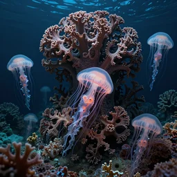 nightmares of the deepest oceans by zdzisław beksinski, bioluminescent, fractal coral reef, jellyfish, ai biodiversity, ernst haeckel, photorealistic ultrasharp hyperdetailed octane render