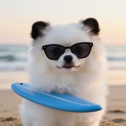 a closeup photorealistic photograph of a cute stylish panda themed Pomeranian puppy dog wearing cat-eye sunglasses at the beach during sunset. Surf in the background. This 4K HD image is Trending on Artstation, featured on Behance, well-rendered, extra crisp, features intricate detail and the style of Unreal Engine.