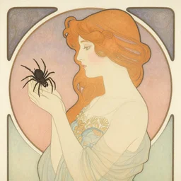 a girl with a spider, colored woodcut, flat pastel colors, by Mackintosh, by Alfons Mucha, art noveau, by Hokusai