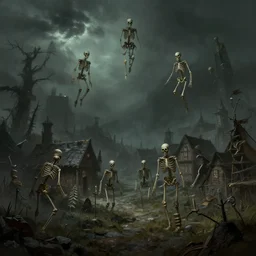 Skeletons descending upon a village. Dark Fantasy. Dungeon and Dragons. Artstation.