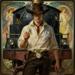 a dramatic ethereal epic symmetrical painting of a handsome villainous cowboy | he is standing in front of a train locomotive | his shirt is unbuttoned and he has a pocketwatch | tarot card, art deco, art nouveau, ( steampunk ), homoerotic, realistic | by mark maggiori and ( ( ( ( alphonse mucha ) ) ) | trending on artstation
