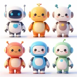 concept sheet of cute colorful 3 d family characters for kids assisting a concept machine. cute robots, smooth shapes and forms, reflective like candy, masterpiece, award - winning, intricate concept art, 8 k, artstation