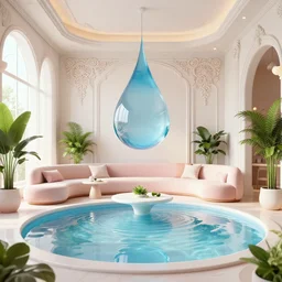 a modern indoor room full of water, surounded a hiper detailed inkdrop, clean architecture, pastel colored, baroque, a couch, a couch table, some fresh plants, intricate detailed 3 d render, elegant, intense colors, wide shot, octane render, photorealistic, daylight, peaceful, 8 k