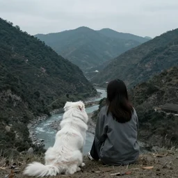 a woman sitting with a white dog overlooking a mountain range with a river in between, mellow shades ,