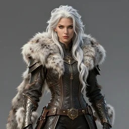 dragon hunter wearing a fur - lined dragonhide jacket!!! beautiful and gorgeous wild white long haired female!! symmetry, character concept art, sharp focus, illustration, art by artgerm! greg rutkowski magali villeneuve wlop! ilya kuvshinov!! charlie bowater! octane render, unreal engine 5! highly rendered!!