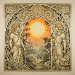 small 🌅 the ancient gods ornate amazon rain forest trompe l'oeil, pastiche by Dan Mumford, pastiche by Michael Whelan, Precise and Intricate Linework, Art Nouveau Cosmic 4k spray painted graffiti featured on 500px ,CGSociety, Ecru and Goldenrod color scheme