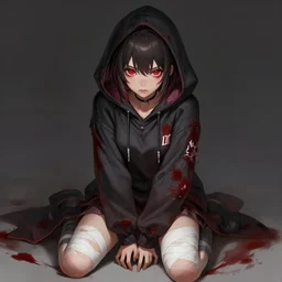 a highly detailed illustration of short hair cute japanese girl wearing blood stained hoodie and bandages on legs, bright red eyes, dramatic sadistic berserk pose, intricate, elegant, highly detailed, centered, digital painting, artstation, concept art, smooth, sharp focus, league of legends concept art, WLOP