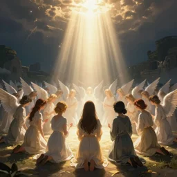 thousands of angels on their knees worshiping a light, shining lights, god rays by by Karol Bak, Ayami Kojima, Amano and Olivier Ledroit