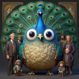 anthropomorphic highly detailed group portrait of funny neon giant cute eyes giant rocktopus peacock, intricate, elegant, highly detailed, digital painting, artstation, concept art, smooth, sharp focus, illustration, art by artgerm, bob eggleton, michael whelan, stephen hickman, richard corben, wayne barlowe, trending on artstation and greg rutkowski and alphonse mucha, 8 k