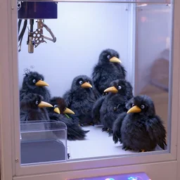 a claw game bin full of creepy raven toys - h 6 4 0