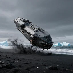 matte painting of military spacecraft crashing into a black sand beach with icebergs in the distance, trending on artstation, octane render, hd, 8 k
