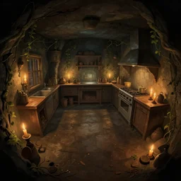 fisheye, extra narrow, volumetric shadows, volumetric candle lighting, underground basement, dark walls, naive, detailed illustration of a kitchen, large floor, dungeon lighting by rhads from lorax movie, trending artstation, vines crawling, tavern