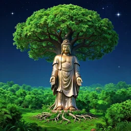 extremely big budha statue standing in the middle of a matte landscape with a world tree with branches in the stars and roots in the ground, vast, epic, starry, lush, greenery, vivid color scheme, by artstation artists, 4 k wallpaper, uhd quality, unreal engine, glossy paper quality