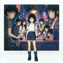 a full body 2 polaroid 6 portrait of a 1 9 8 0's disney girl 7 5 working at a vinyl stall 7, finely detailed features, closeup at the faces, perfect art, busy cyberpunk city, gapmoe 5 6 yandere grimdark, trending on pixiv fanbox, painted by ilya 3 kushinov makoto shinkai takashi takeuchi studio ghibli, akihiko yoshida,