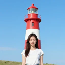 woman faces camera. lighthouse. colourful. realistic