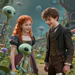 a girl and a boy standing next to some alien plants, looking happy, wearing victorian clothes, they are playing with their small pet alien creature, in a park on a alien planet, extremely high detail, ultra realistic facial details, enhanced faces, ultra photorealistic raytracing, 8k