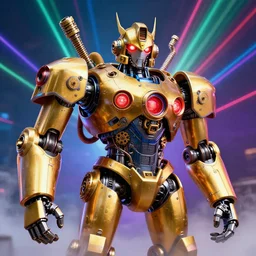 portrait photo of a giant huge golden and blue metal steampunk robot with a fog machine, with gears and tubes, eyes are glowing red lightbulbs, shiny crisp finish, 3 d render, 8 k, insaneley detailed, fluorescent colors, background is multicolored lasershow
