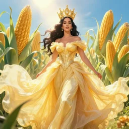 katy perry the corn goddess, crown of corn, beautiful flowing buttery gown, radiant sunlight, leiji matsumoto, sylvain sarrailh