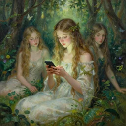 goddess of nature checking her phone, art by josephine wall, magic realism, fantasy, art by huang guangjian, art by amanda sage, viktoria gavrilenko