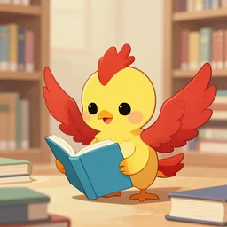 a cute adorable phoenix fledgling learning to read in a library #Comic-Art