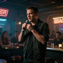 deckard from bladerunner doing standup comedy in a cyberpunk bar
