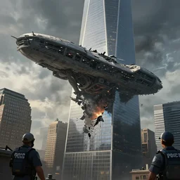 alien mothership dangerous disaster crashed into new york city skyscraper surrounded by fbi trending on artstation digital paint 4 k render