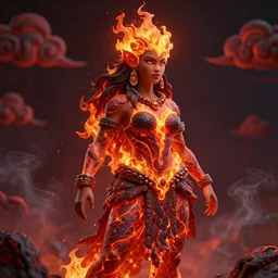 A very beautiful Polynesian woman 3d model character sheet, lava and fire goddess, is captured in a depth of focus shot with dramatic lighting, rim lights, and high level of detail. She is composed completely of lava, with melting skin and flames for hair. Character is in all her magnificence and is in a naturally calm stance, with air smoke and particles in the atmosphere as well as decorative clouds