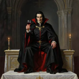 vampire dressed in black and red medieval noble’s clothing, with long black hair, clean shaven, holding a glass of wine and a lit match, sitting atop a catholic church altar. Wide shot, oil painting, dark, realistic.