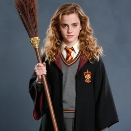 emma watson as hermione granger in her school uniform, holding her broomstick, photo shoot, cute