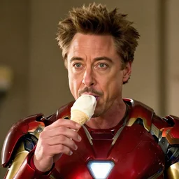 a full portrait photo of robert downey jr eating ice cream in movie iron man, f / 2 2, 3 5 mm, 2 7 0 0 k, lighting, perfect faces, award winning photography.